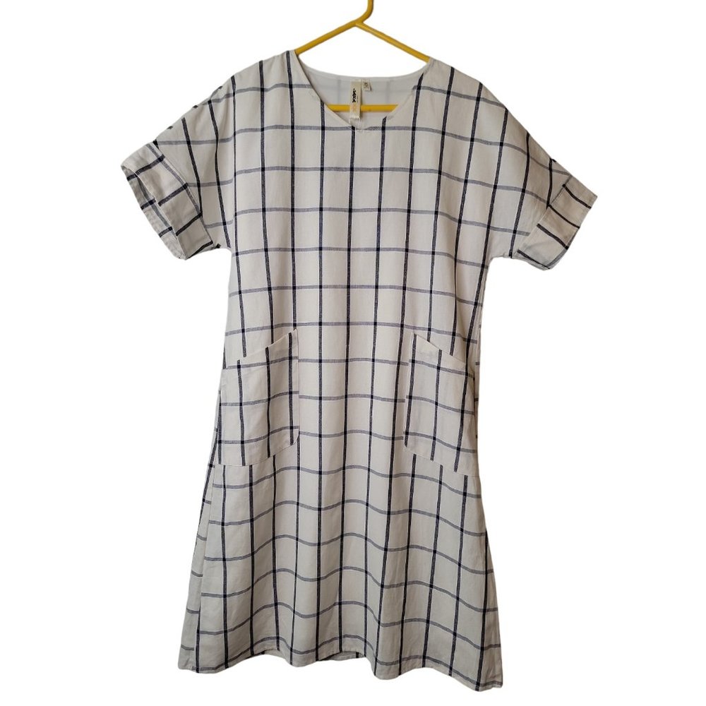 Lara Size Medium Dress White Blue Windowpane Linen Blend Shift NWT